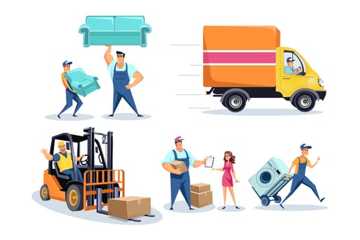 Moving house, furniture delivery workers, people relocating stuff concept. Moving truck with movers in uniform carrying sofa, washing machine and cardboard boxes. Simple flat vector