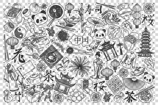 China doodle set. Collection of chalk pencil hand drawn sketches templates of chinese culture architecture and national cuisine transparent background. Eastern asian country tratidions illustration.