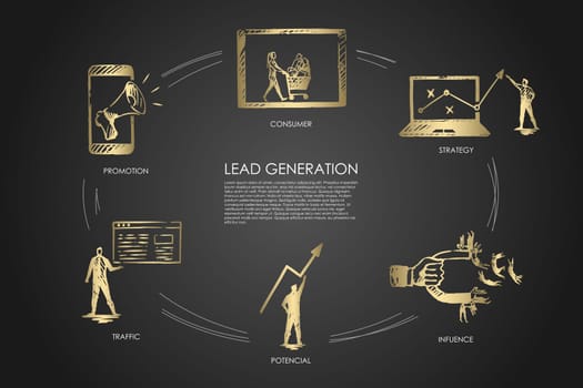 Lead Generation, strategy, infuence, potencial, traffic, consumer vector set