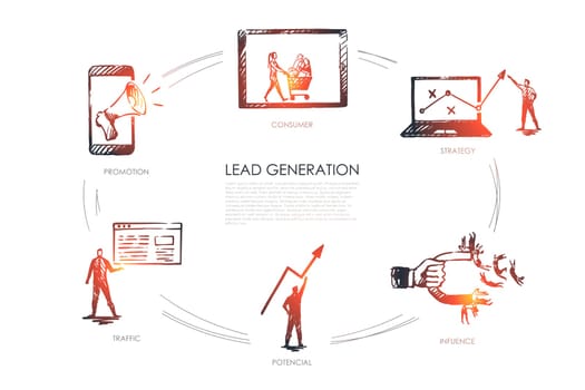 Lead Generation, strategy, infuence, potencial, traffic, consumer vector set