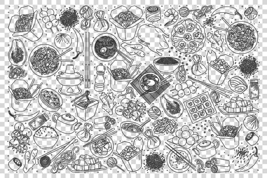Chinese food doodle set. Collection of chalk pencil hand drawn sketches templates of china delicious cuisine noodle rice and rolls transparent background. Eastern asian country meal illustration.