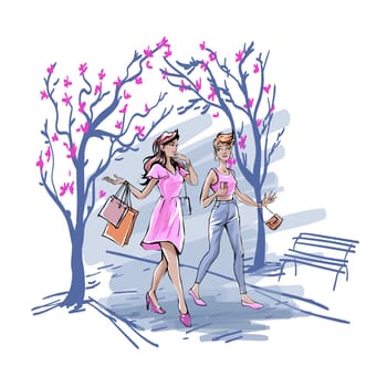 Girlfriends spending time together outdoors, talking and drinking coffee concept. Young girls in pink clothing walking in city park with shopping bags and chatting. Simple flat vector