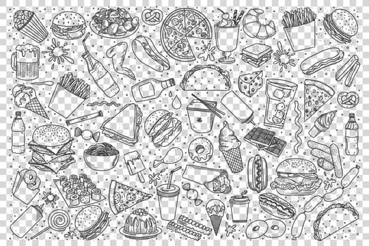 Fast food doodle set. Collection of pencil hand drawn sketches of pop corn sandwitch hot dog french fries hamburger and pizza on transparent background. Unhealthy nutrition illustration.
