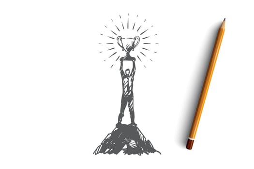 Success, leadership, goal, victory, winner concept. Hand drawn man with a winner cup concept sketch. Isolated vector illustration.