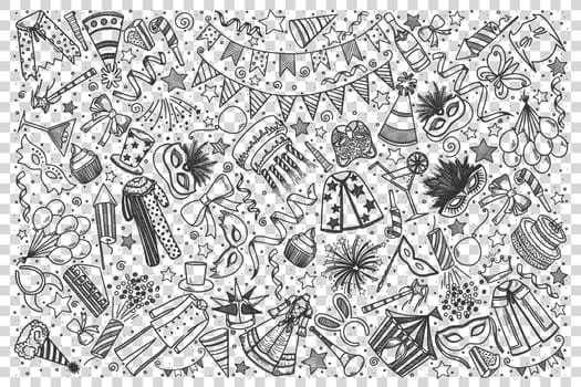 Carnival doodle set. Collection of hand drawn sketches templates of holiday birthday festval celebration on transparent background. Active lifestyle and recreation illustration.