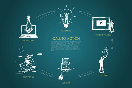 Call to action, learn more, watch our video, click here, subscribe, contact us vector set