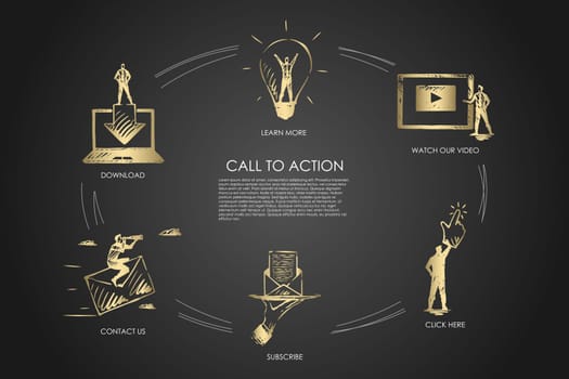 Call to action, learn more, watch our video, click here, subscribe, contact us vector set