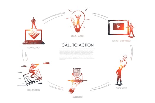 Call to action, learn more, watch our video, click here, subscribe, contact us vector set