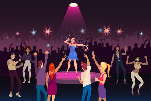 Concert performance, disco party with modern music, nightlife youth event concept. Young woman singing on stage of nightclub, people dancing, crowd on dance floor. Simple flat vector
