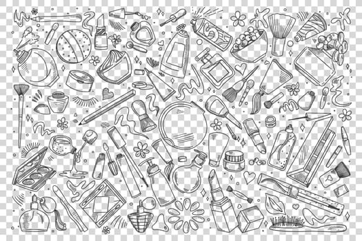 Cosmetics dodle set. ollection of hand drawn sketches templates patterns drawings of oils moisturizers and creams for make up on transparent background. Healthy lifestyle and skincare.