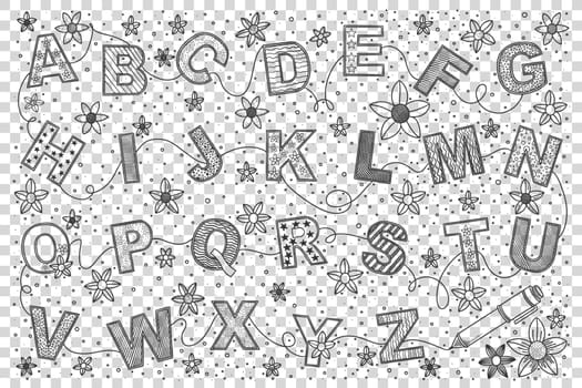 English alphabet doodle set. Collection of pencil chalk hand drawn sketches drawing templates of latin letters on transparent background. Educational symbols and back to school illustration.