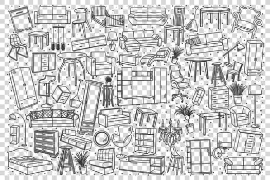 Furniture doodle set. Collection of hand drawn sketches template pattern of room home objects sofa couch chair wardrobe on transparent background. Equipment for people houses interior illustration