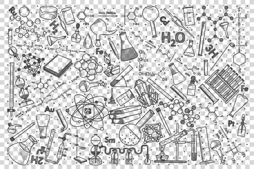 Chemistry doodle set. Collection of hand drawn sketches templates drawing patterns of chemical elements and formulae flasks or tubes with reagents . Back to school and education illustration.