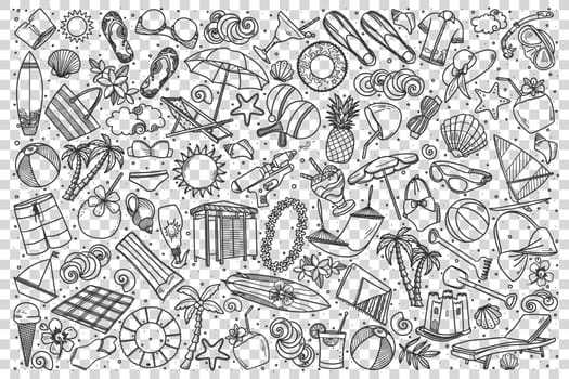 Beach doodle set. Collection of hand drawn sketches templates of different sea or ocean summertime associations on transparent background . Summer recreation on vacation illustration.