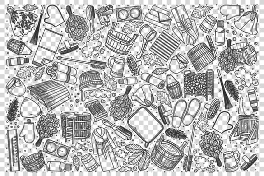 Bathhouse doodle set. Collection of chalk pencil hand drawn sketches templates drawing patterns of sauna russian steam bath tools. Healthy lifestyle and recreation illustration.