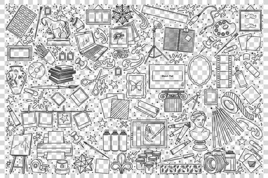 Art doodle set. Collection of hand drawn sketches templates drawing patterns of diiferent tools stuff for drawing or sculpture music and photographing. Creative oocupation illustration