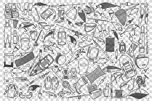 Fishing shop doodle set. Collection of hand drawn sketches templates patterns of tools equipment for catching river lake sea or ocean fish on transparent background. Camping fishermen recreation.