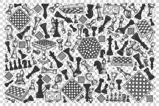 Chess doodle set. Collection of hand drawn sketches templates of pawn kings queens bishop on chessboard on transparent background. Intellectual strategy and mental game illustration.