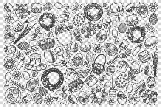 Easter doodle set. Collection of hand drawn sketches template patterns of chirstianity holiday symbols colored eggs rabbit bunny and pies. Spring and Jesus Christ resurrection celebration illustration