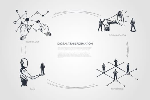 Digital transformation, technology, communication, networking, data vector set