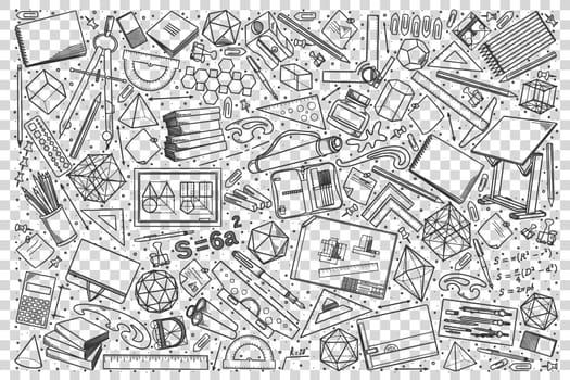 Drawing doodle set. Collection of hand drawn sketches templates drawing patterns of different tools stuff for drawing figures and geometry drafting . Creative occupation illustration.