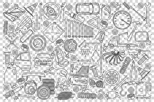 Car service doodle set. Collection of hand drawn sketches templates of parts of automobile and transport vehicles on transparent background. Transportation and maintenance repair illustration.