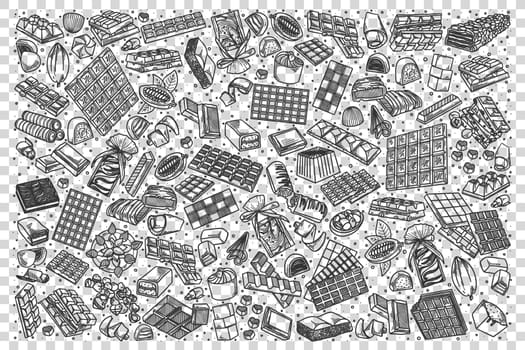 Chocolate doodle set. Collection of hand drawn ketches templates patterns of candies choco bars on transparent background. Unhealthy nutrition and junk food illustration.