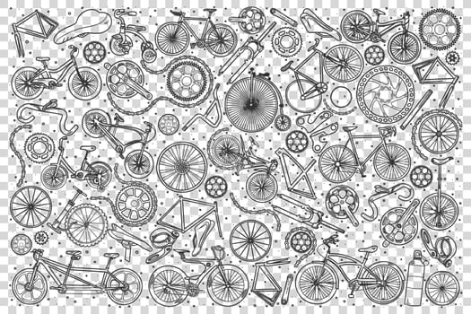 Bicycles shop doodle set. Collection of hand drawn sketches templates of parts of bike or cycle and transport vehicles on transparent background. Transportation and maintenance repair illustration.