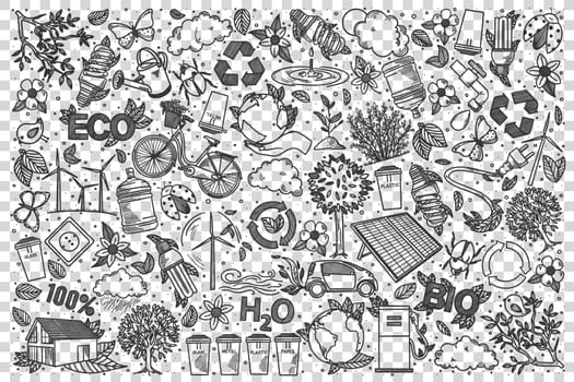 Ecology doodle set. Collection of hand drawn sketches templates patterns of eco volunteering gardening recycling garbage and sorting junk. Environmental care for nature and planet earth illustration.