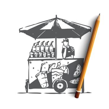 Fresh, car, drink, cocktail, street concept. Hand drawn street bar with fresh fruit cocktails. Fresh juice concept sketch. Isolated vector illustration.