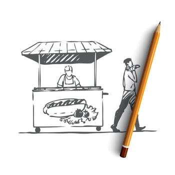 Hot dog, fast food, kiosk, street concept. Hand drawn man eating hot dog in street concept sketch. Isolated vector illustration.