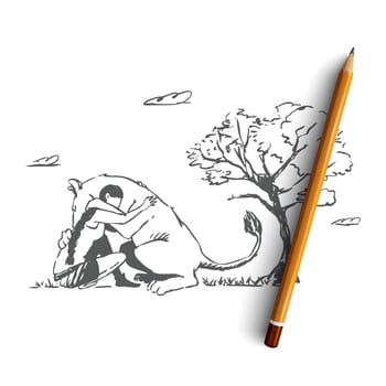 Animal, lion, wild, woman, save concept. Hand drawn wild lion hugs with woman. Wild animal rescue concept sketch. Isolated vector illustration.