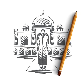 India, country, travel, religion, building concept. Hand drawn man in traditional Indian dress. Religion building concept sketch. Isolated vector illustration.