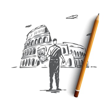 Italy, country, pizza, Colosseum, Rome concept. Hand drawn Italian man with pizza, Colosseum on background. Religion building concept sketch. Isolated vector illustration.