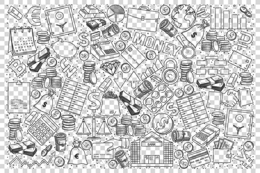 Finance doodle set. Collection of hand draw sketches templates patterns of business data, money bank currency profit and invetment on transparent background. Corporate financial symbols illustration.