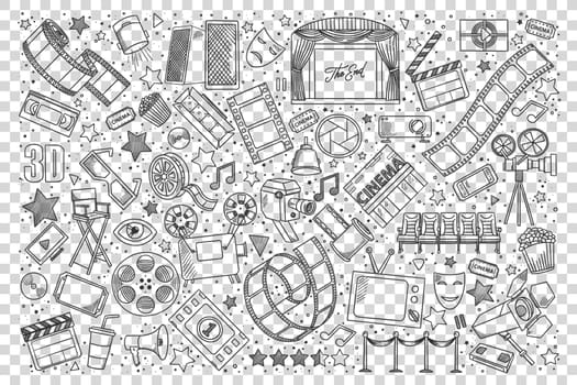 Cinema doodle set. Collection of hand drawn sketches design elements templates patterns movie theater film and pop corn. Art entertainment active lifestyle recreation and cinematography illustration.