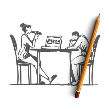 Pizza, cafe, couple, table, dating concept. Hand drawn man and woman eating pizza in cafe concept sketch. Isolated vector illustration.