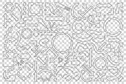 Set of hand drawn arrows. Doodle curved scattered sketches templates pointer lines direction arrowhead on transparent background. Round or twisted navigation symbol illustration.