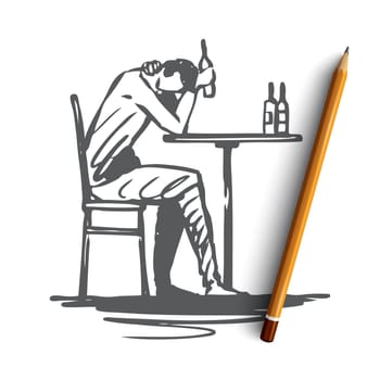 Depression, alcohol, problem, bottle, drink concept. Hand drawn man in depression drink alcohol concept sketch. Isolated vector illustration.