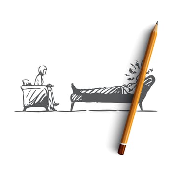 Psychologist, doctor, patient, therapy, stress concept. Hand drawn psychologist working with patient concept sketch. Isolated vector illustration.