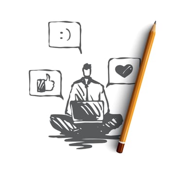 Opinion, social networks, rate, communication concept. Hand drawn man with laptop notice feedback in social networks concept sketch. Isolated vector illustration.