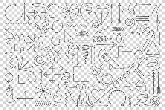 Arrows doodle set. Collection of hand drawn curved scattered sketches drawings templates pointer lines direction arrowhead on transparent background. Round or twisted navigation symbol illustration.