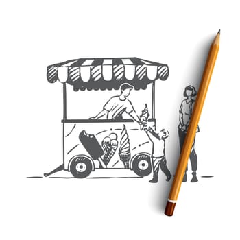 Ice cream, car, child, truck, sweet concept. Hand drawn truck with ice cream. Child eating ice cream concept sketch. Isolated vector illustration.