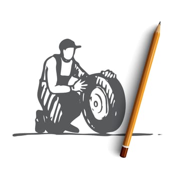 Car, wheel, repair, auto, service, replace concept. Hand drawn service man replaces wheel of car concept sketch. Isolated vector illustration.