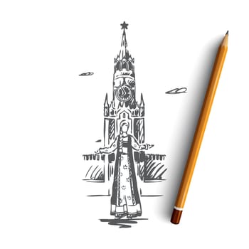 Russia, Kremlin, Moscow, travel, city concept. Hand drawn kremlin tower and woman in traditional Russian dress concept sketch. Isolated vector illustration.