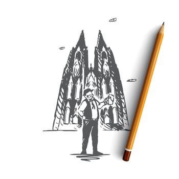 Germany, architecture, tourist, beer, country concept. Hand drawn ancinet church and man with cup of beer. Symbols of Germany concept sketch. Isolated vector illustration.