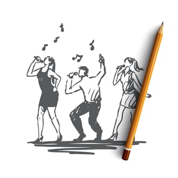 Music, song, band, dance, party concept. Hand drawn people dancing and sing songs concept sketch. Isolated vector illustration.