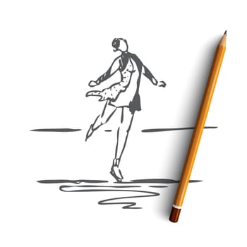 Skate, winter, woman, sport, ice concept. Hand drawn woman skating on ice rink. Winter activity concept sketch. Isolated vector illustration.