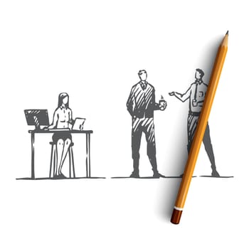 Business, office, people, teamwork, brainstorm concept. Hand drawn business colleagues discussing work items concept sketch. Isolated vector illustration.