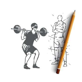 Home, gym, barbell, exercise, man, sport concept. Hand drawn man training at home with barbell and glasses concept sketch. Isolated vector illustration.